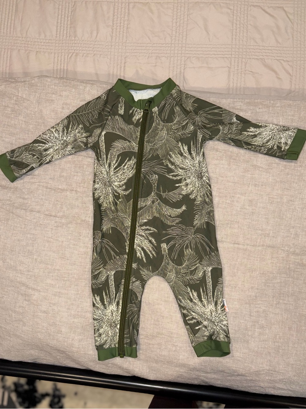 UPF 50 Green Palm-Print Zippered One-Piece Swim Suit for Kids